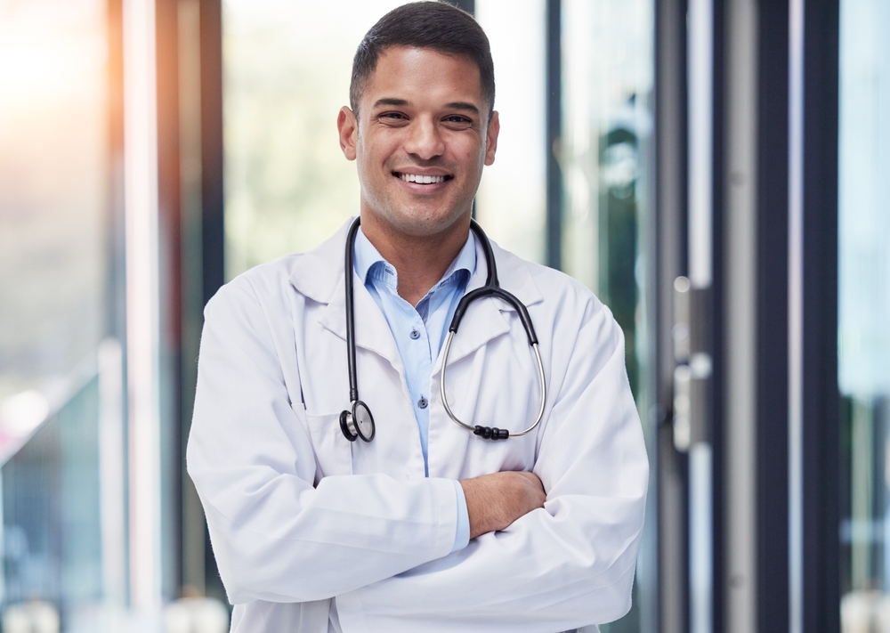 Portrait,,Man,And,Happy,Doctor,With,Arms,Crossed,,Stethoscope,And